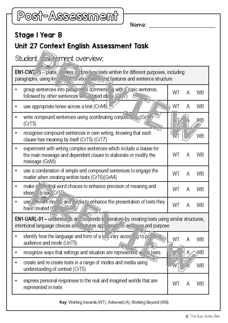 Stage 1 Year B English Pre- and Post-Assessment Unit 27 -