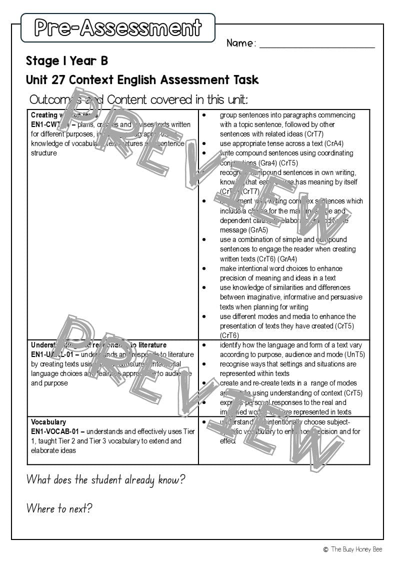 Stage 1 Year B English Pre- and Post-Assessment Unit 27 -