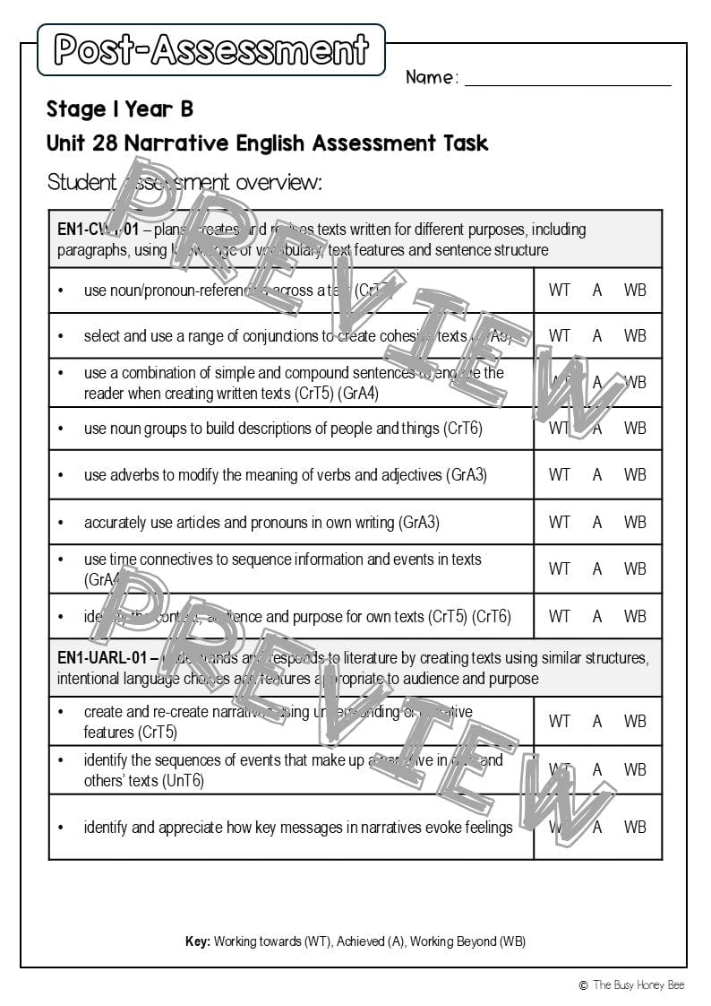 Stage 1 Year B English Pre- and Post-Assessment Unit 28 -