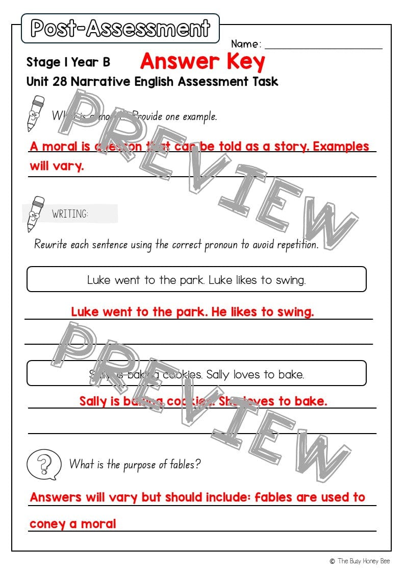 Stage 1 Year B English Pre- and Post-Assessment Unit 28 -