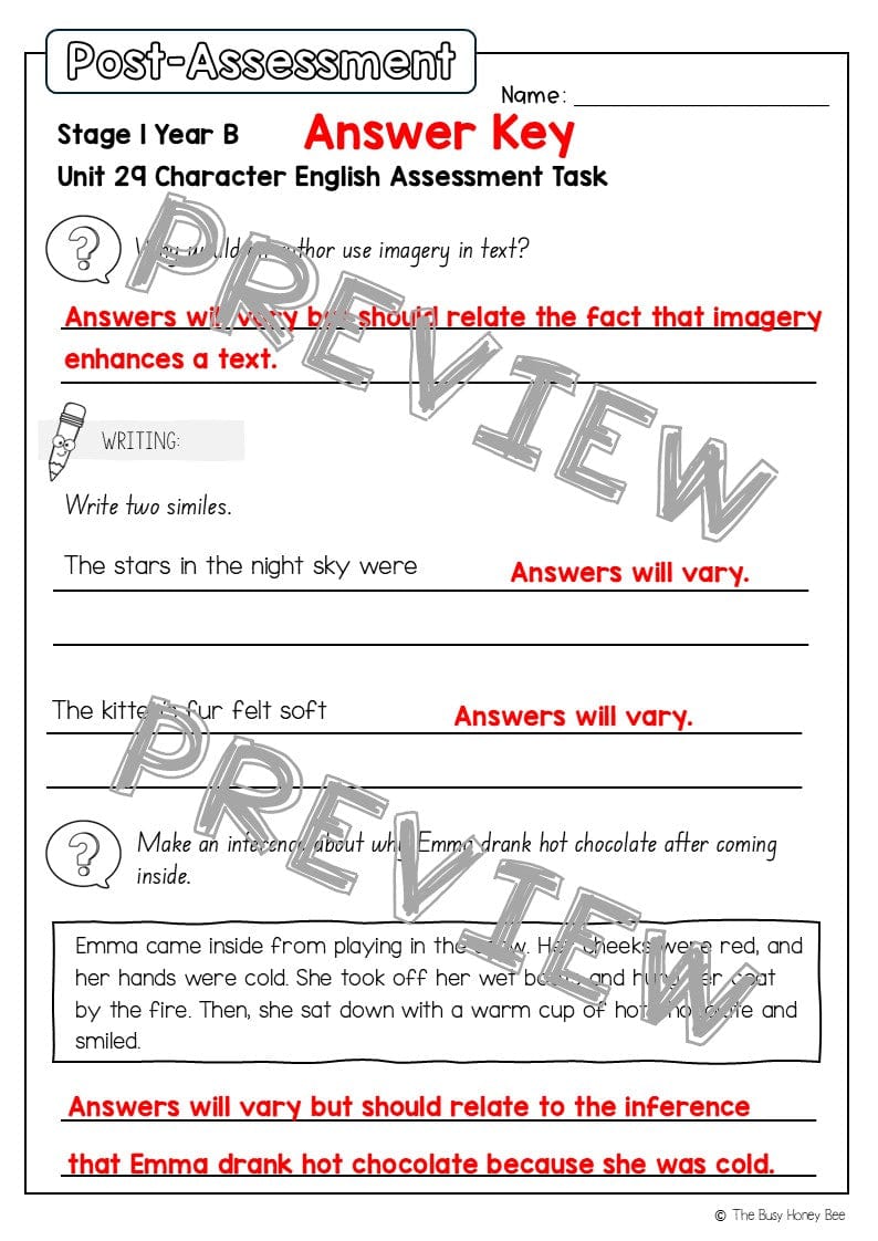 Stage 1 Year B English Pre- and Post-Assessment Unit 29 -