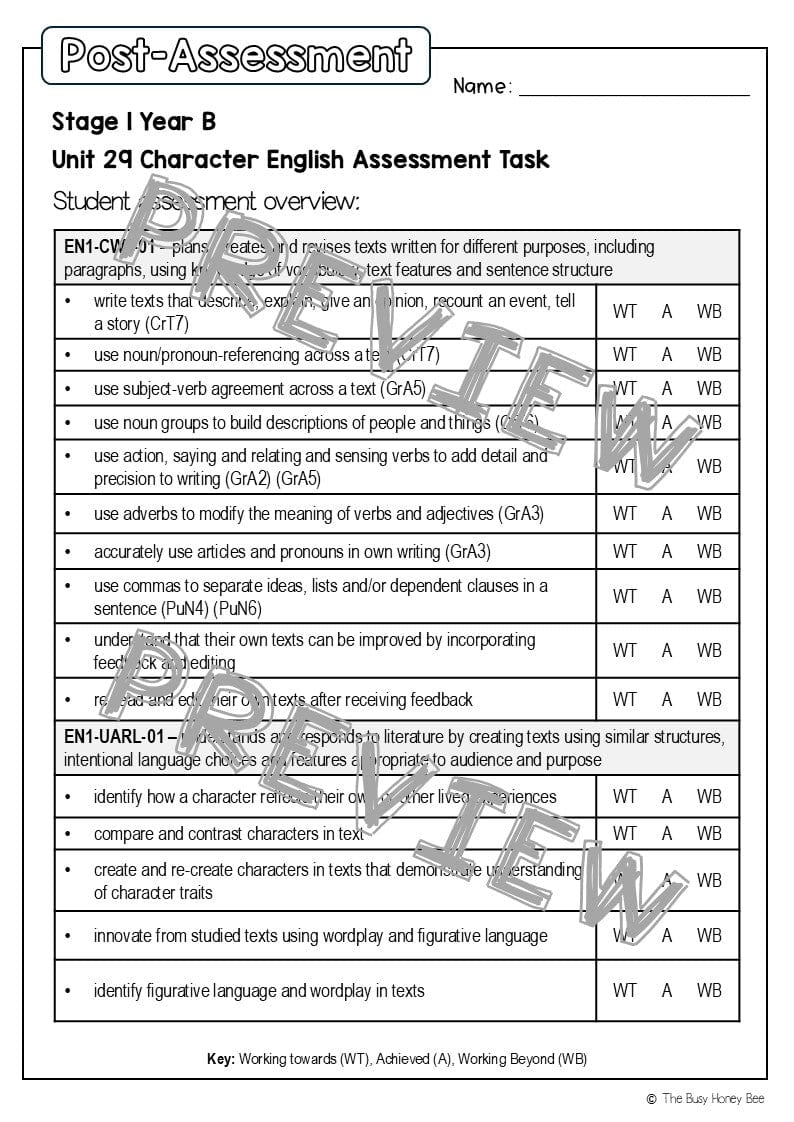 Stage 1 Year B English Pre- and Post-Assessment Unit 29 -
