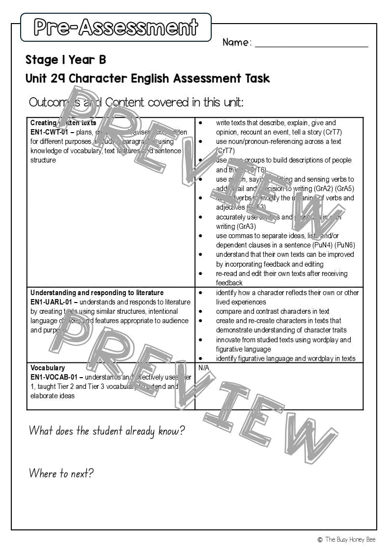 Stage 1 Year B English Pre- and Post-Assessment Unit 29 -