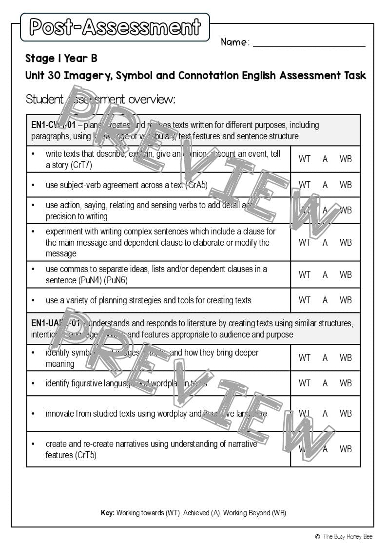 Stage 1 Year B English Pre- and Post-Assessment Unit 30 -