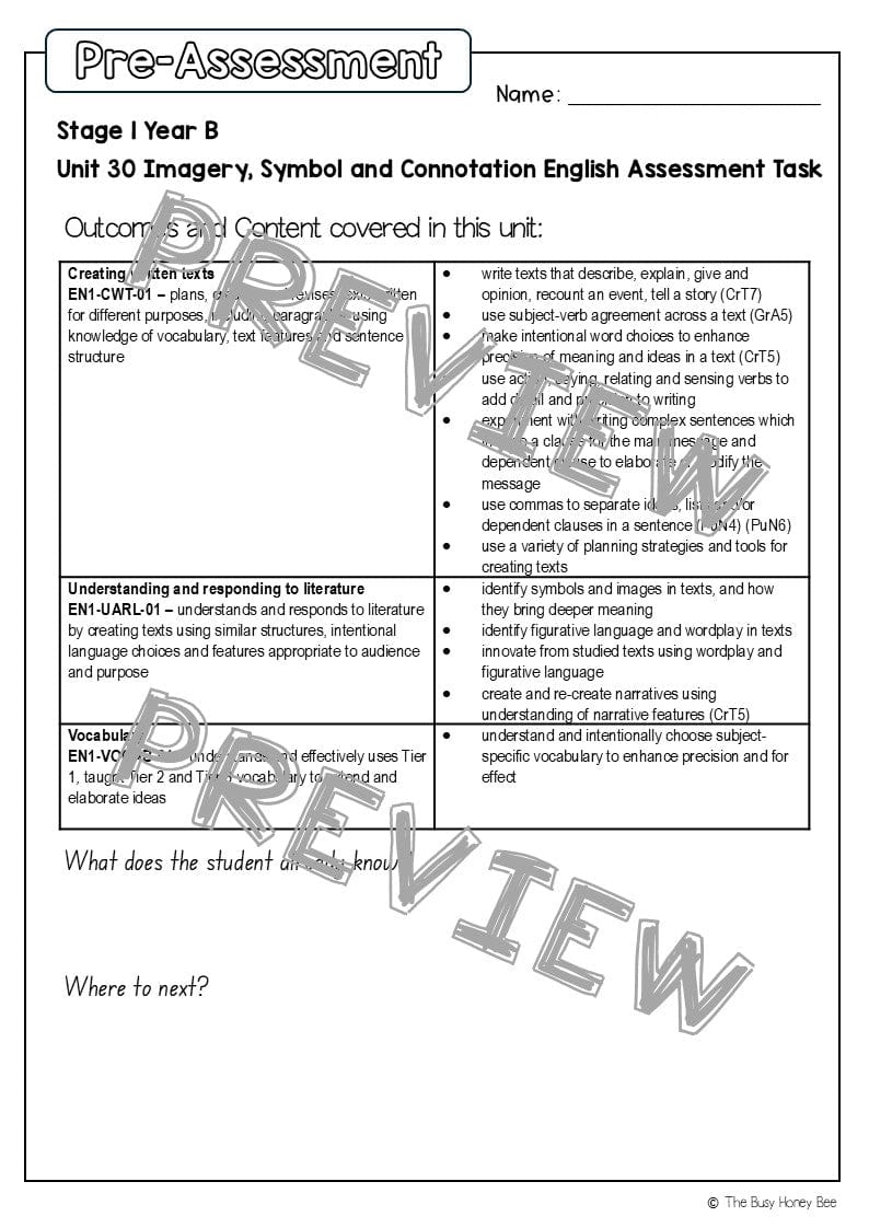 Stage 1 Year B English Pre- and Post-Assessment Unit 30 -