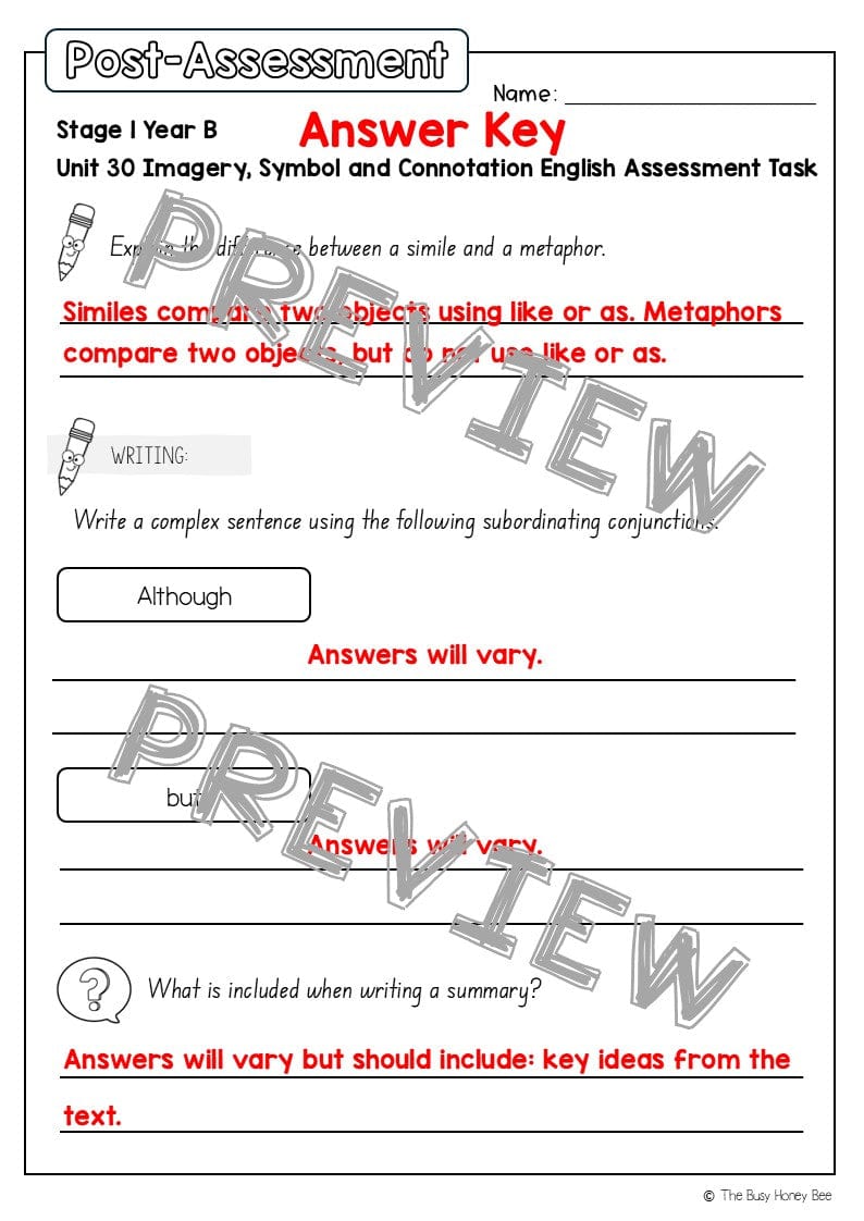 Stage 1 Year B English Pre- and Post-Assessment Unit 30 -