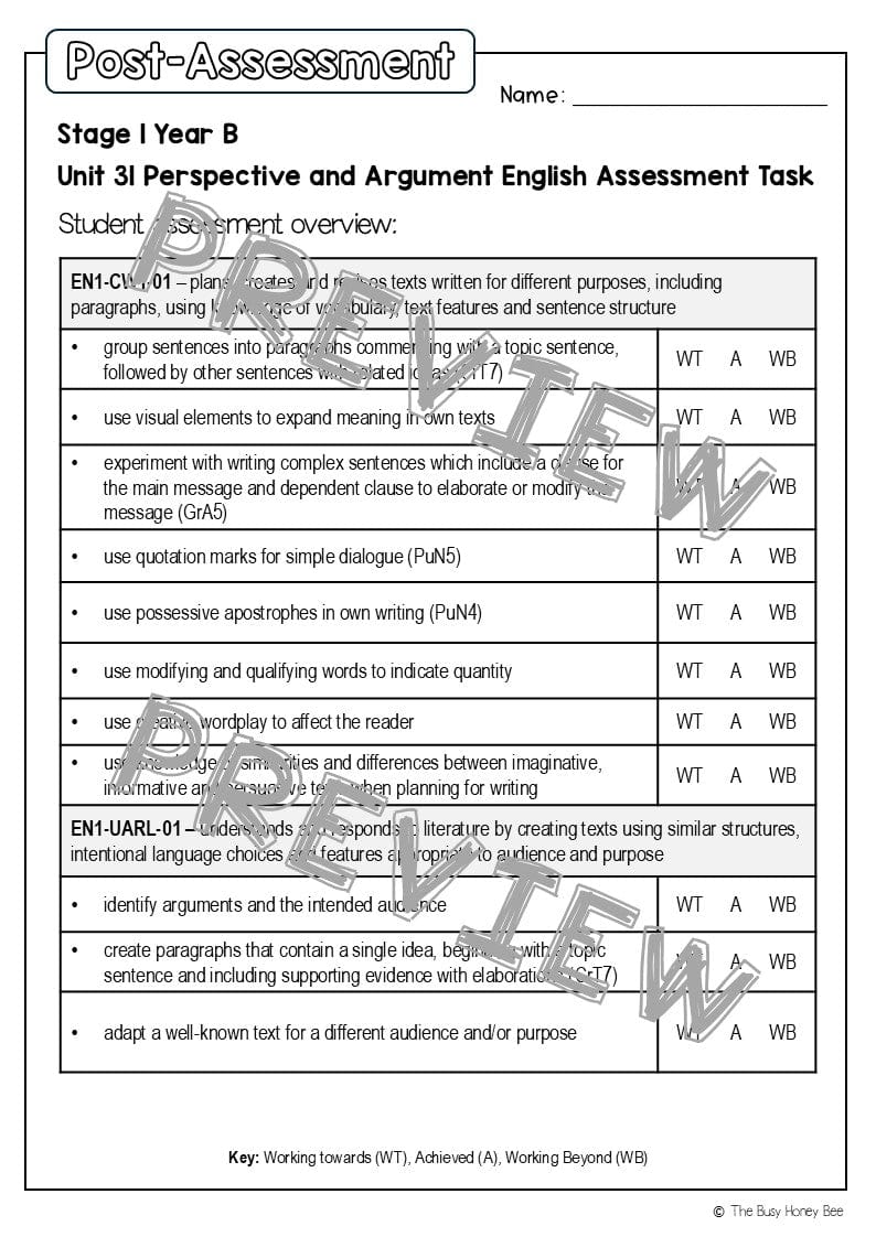 Stage 1 Year B English Pre- and Post-Assessment Unit 31 -