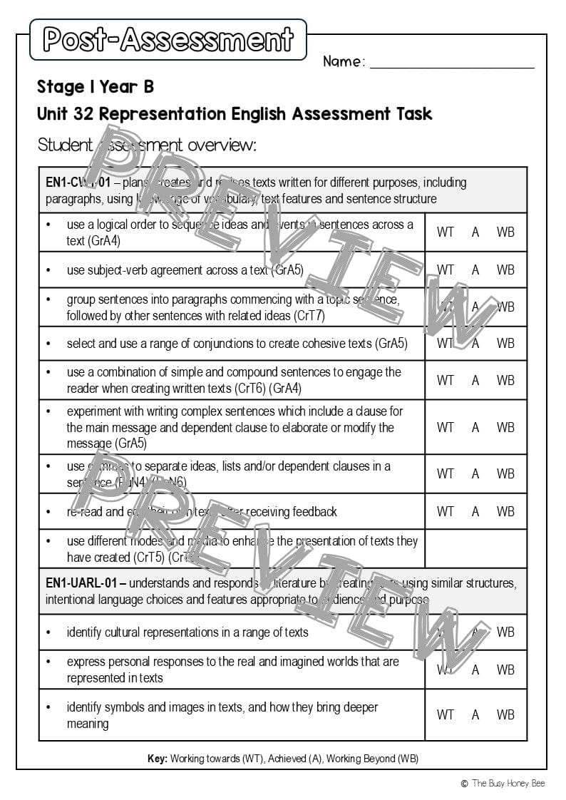 Stage 1 Year B English Pre- and Post-Assessment Unit 32 -