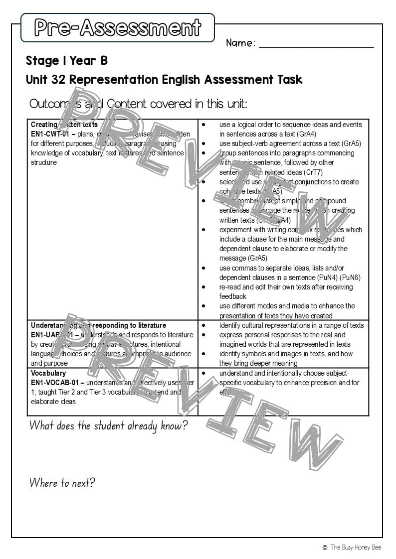 Stage 1 Year B English Pre- and Post-Assessment Unit 32 -