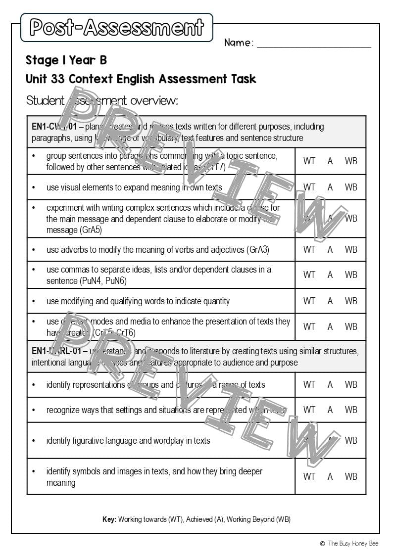 Stage 1 Year B English Pre- and Post-Assessment Unit 33 - Assessment