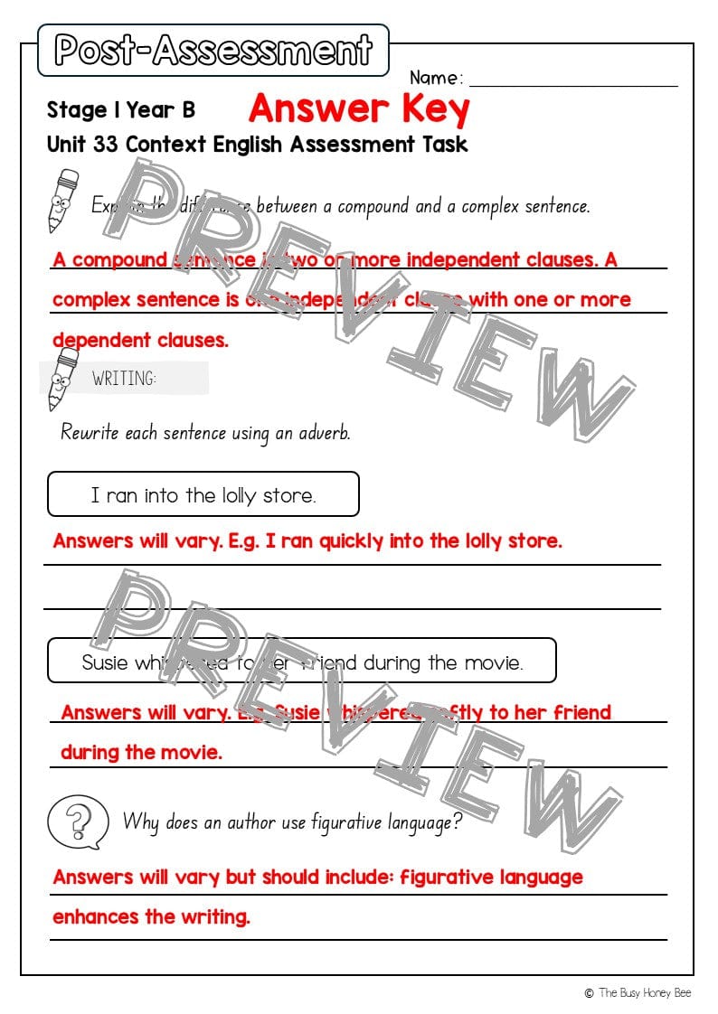 Stage 1 Year B English Pre- and Post-Assessment Unit 33 - Assessment