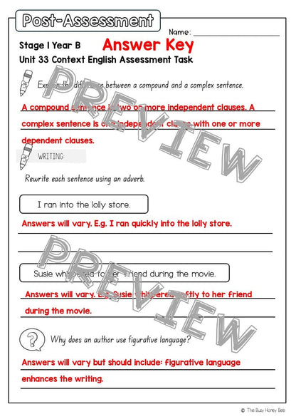 Stage 1 Year B English Pre- and Post-Assessment Unit 33 - Assessment