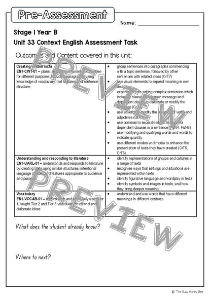 Stage 1 Year B English Pre- and Post-Assessment Unit 33 - Assessment