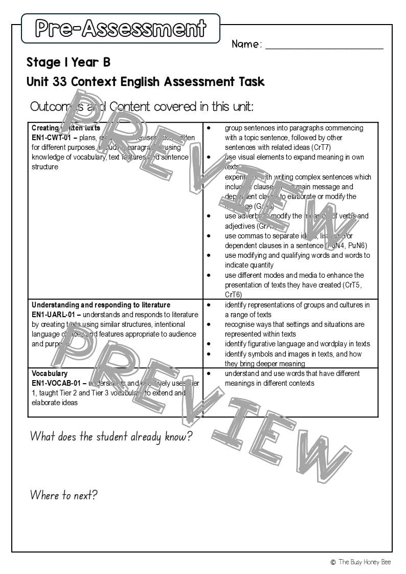 Stage 1 Year B English Pre- and Post-Assessment Unit 33 - Assessment