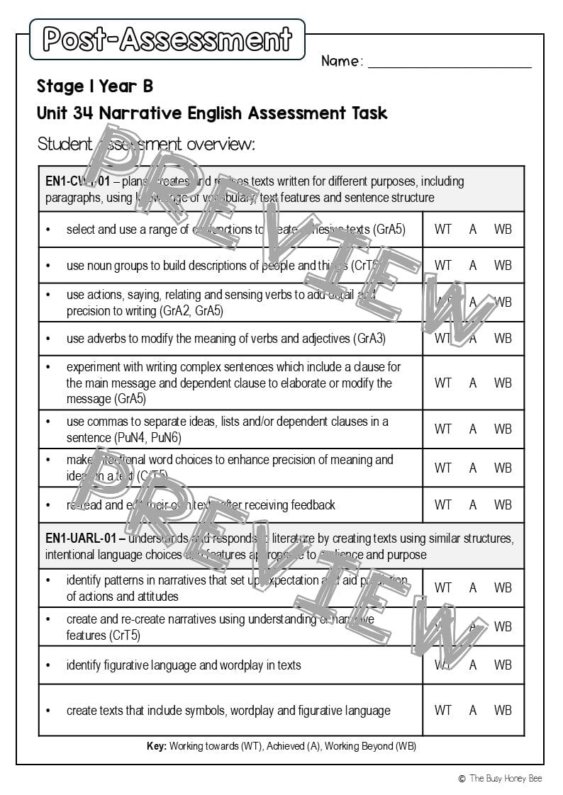 Stage 1 Year B English Pre- and Post-Assessment Unit 34 - Assessment