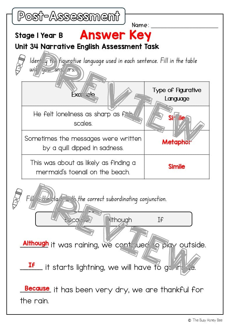 Stage 1 Year B English Pre- and Post-Assessment Unit 34 - Assessment