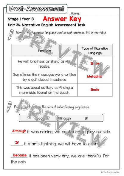 Stage 1 Year B English Pre- and Post-Assessment Unit 34 - Assessment