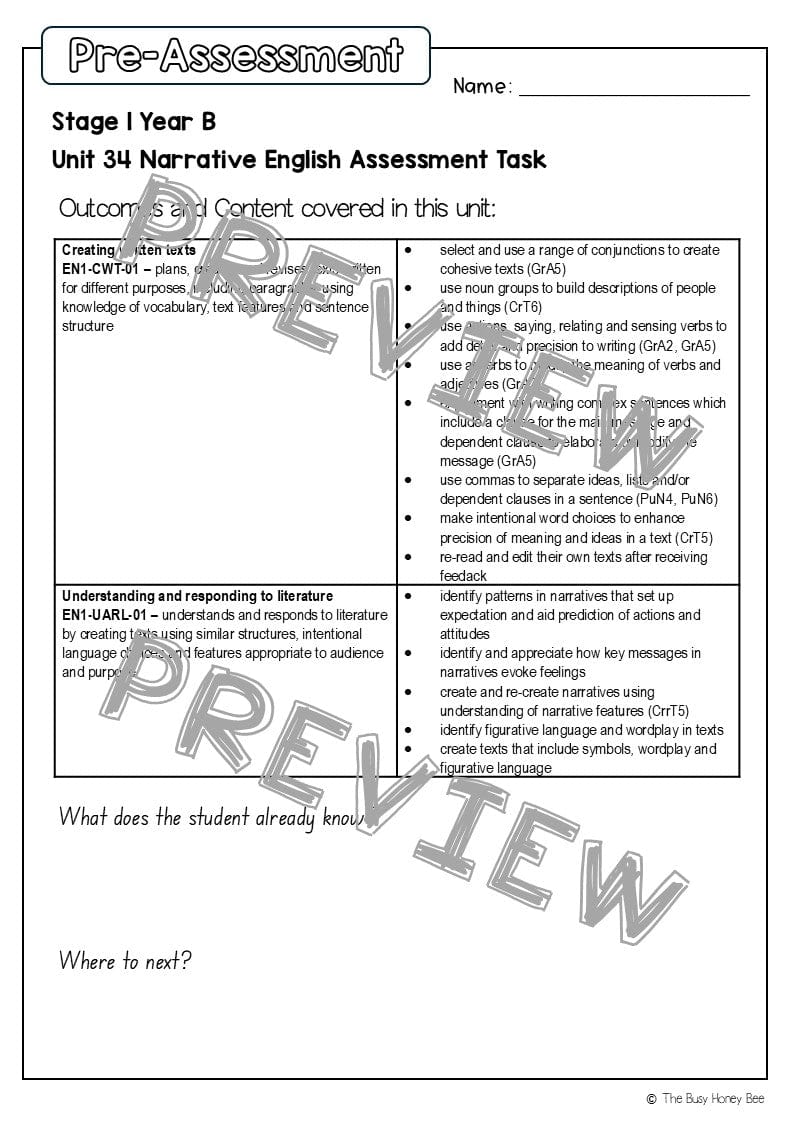 Stage 1 Year B English Pre- and Post-Assessment Unit 34 - Assessment