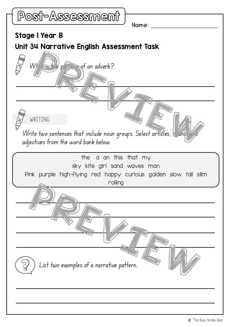 Stage 1 Year B English Pre- and Post-Assessment Unit 34 - Assessment