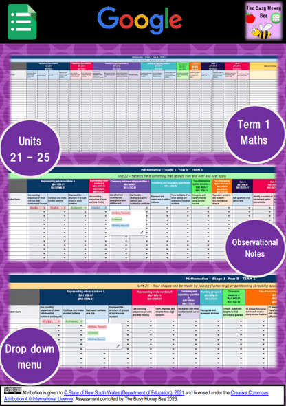 Stage 1 Year B NSW Term 1 Maths Assessment Overview Google Sheet - Assessment