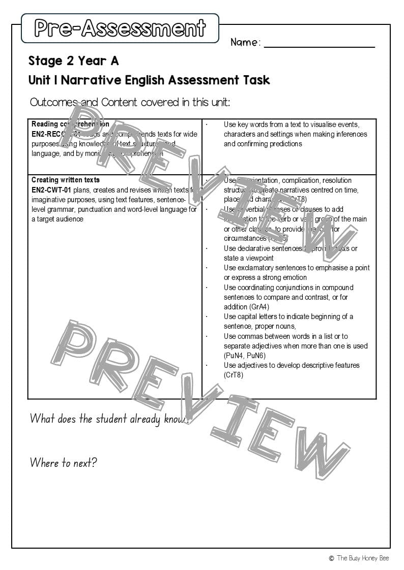 Stage 2 Year A English Pre- and Post-Assessment Unit 1 Narrative - Assessment