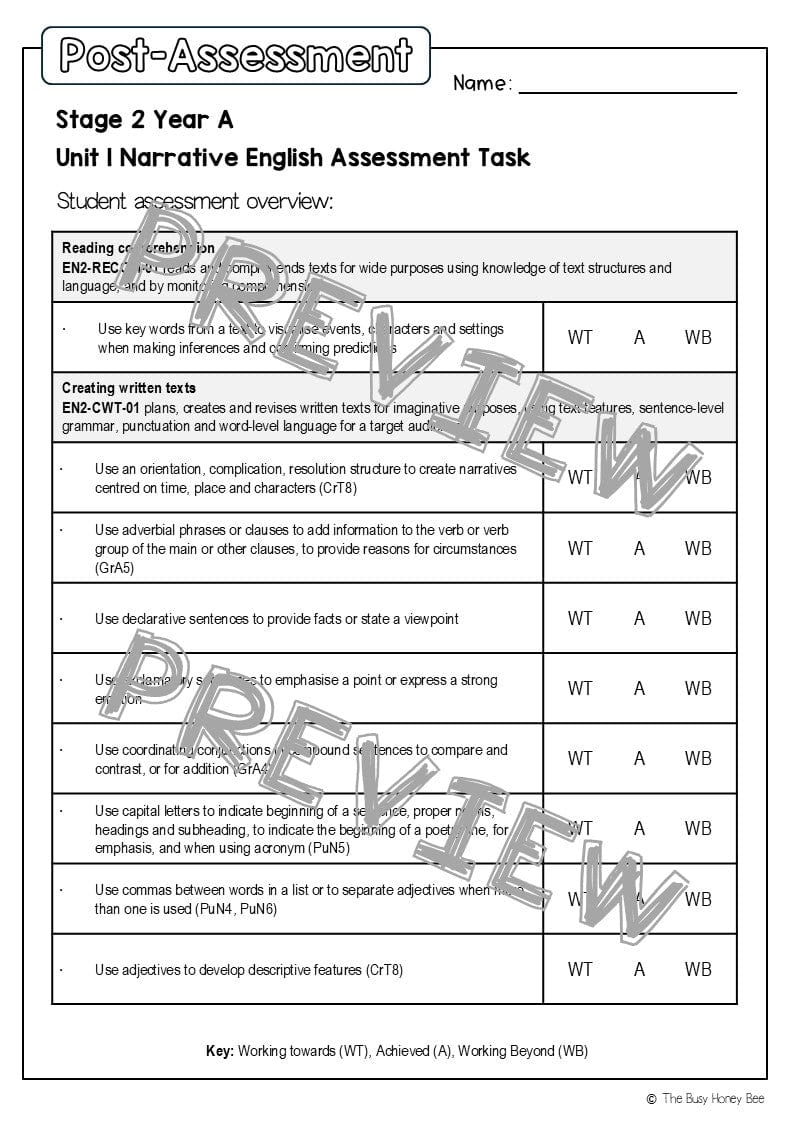 Stage 2 Year A English Pre- and Post-Assessment Unit 1 Narrative - Assessment