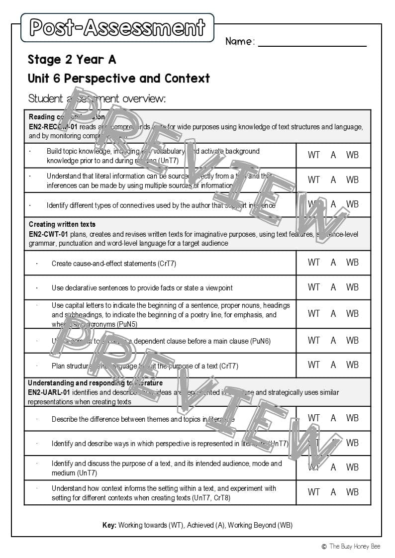 Stage 2 Year A English Pre- and Post-Assessment Unit 6 Perspective and Context - Assessment
