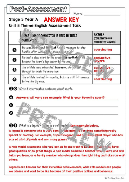 Stage 2 Year A English Pre- and Post-Assessment Unit 8 Theme -