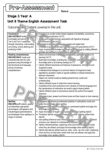 Stage 2 Year A English Pre- and Post-Assessment Unit 8 Theme -