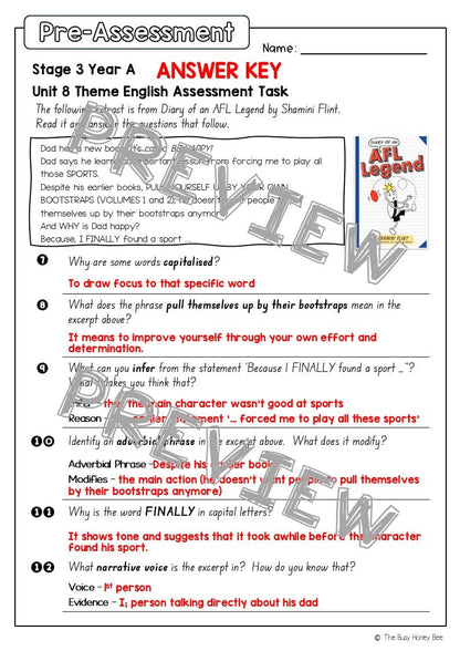 Stage 2 Year A English Pre- and Post-Assessment Unit 8 Theme -