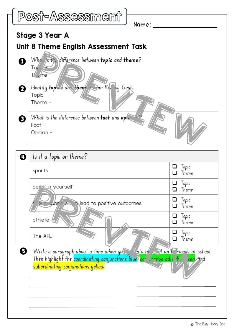 Stage 2 Year A English Pre- and Post-Assessment Unit 8 Theme -