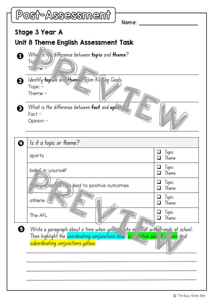 Stage 2 Year A English Pre- and Post-Assessment Unit 8 Theme -