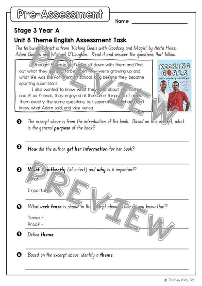 Stage 2 Year A English Pre- and Post-Assessment Unit 8 Theme -