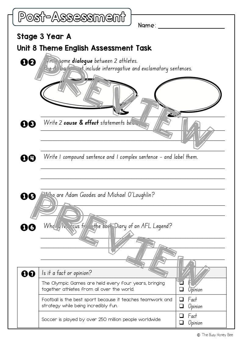 Stage 2 Year A English Pre- and Post-Assessment Unit 8 Theme -