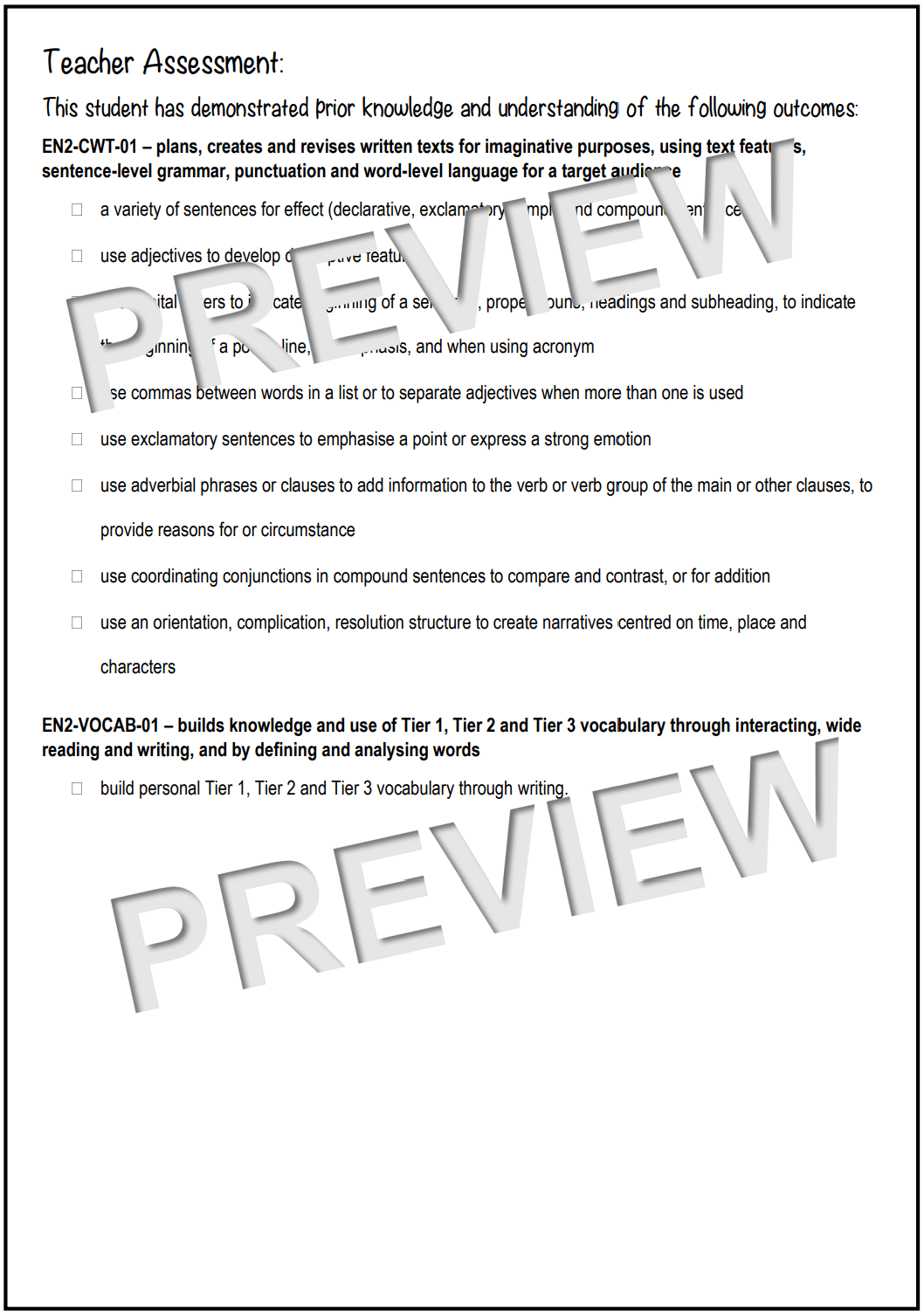 Stage 2 Year A Unit 1 Narrative Writing Pre-Assessment - Assessment