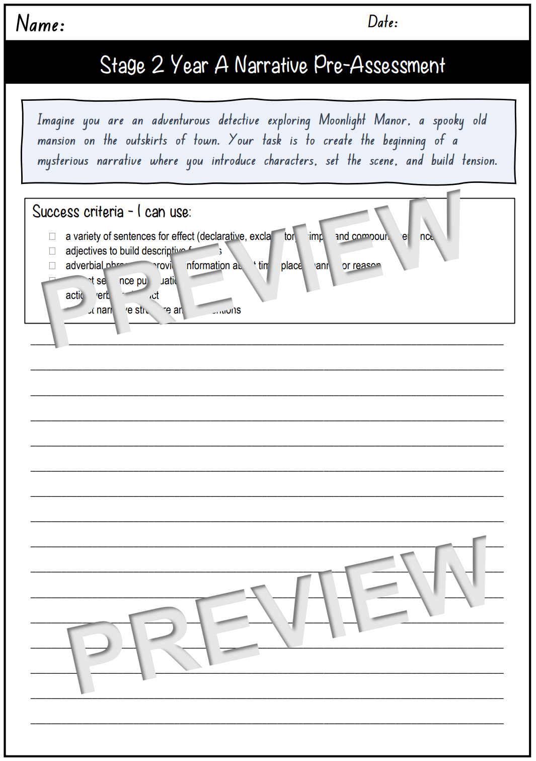 Stage 2 Year A Unit 1 Narrative Writing Pre-Assessment - Assessment