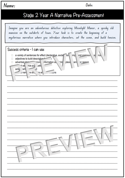 Stage 2 Year A Unit 1 Narrative Writing Pre-Assessment - Assessment