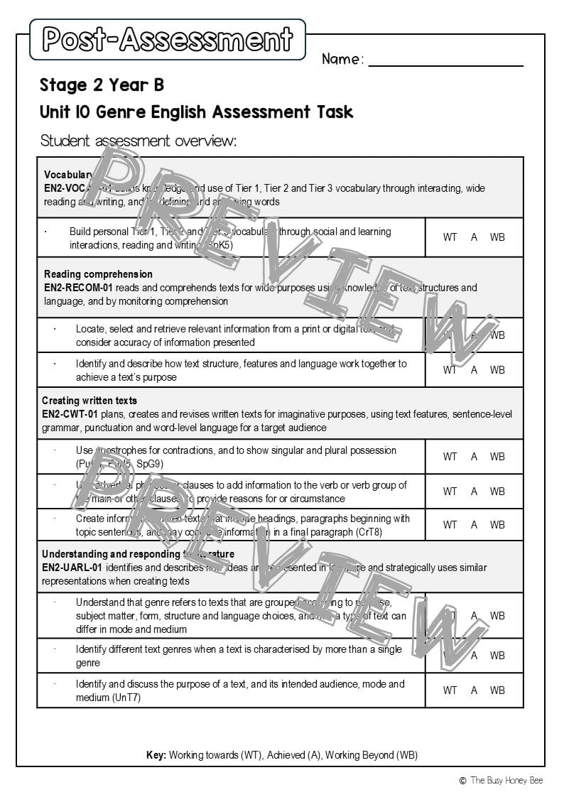 Stage 2 Year B English Pre- and Post-Assessment Unit 10 Genre - Assessment