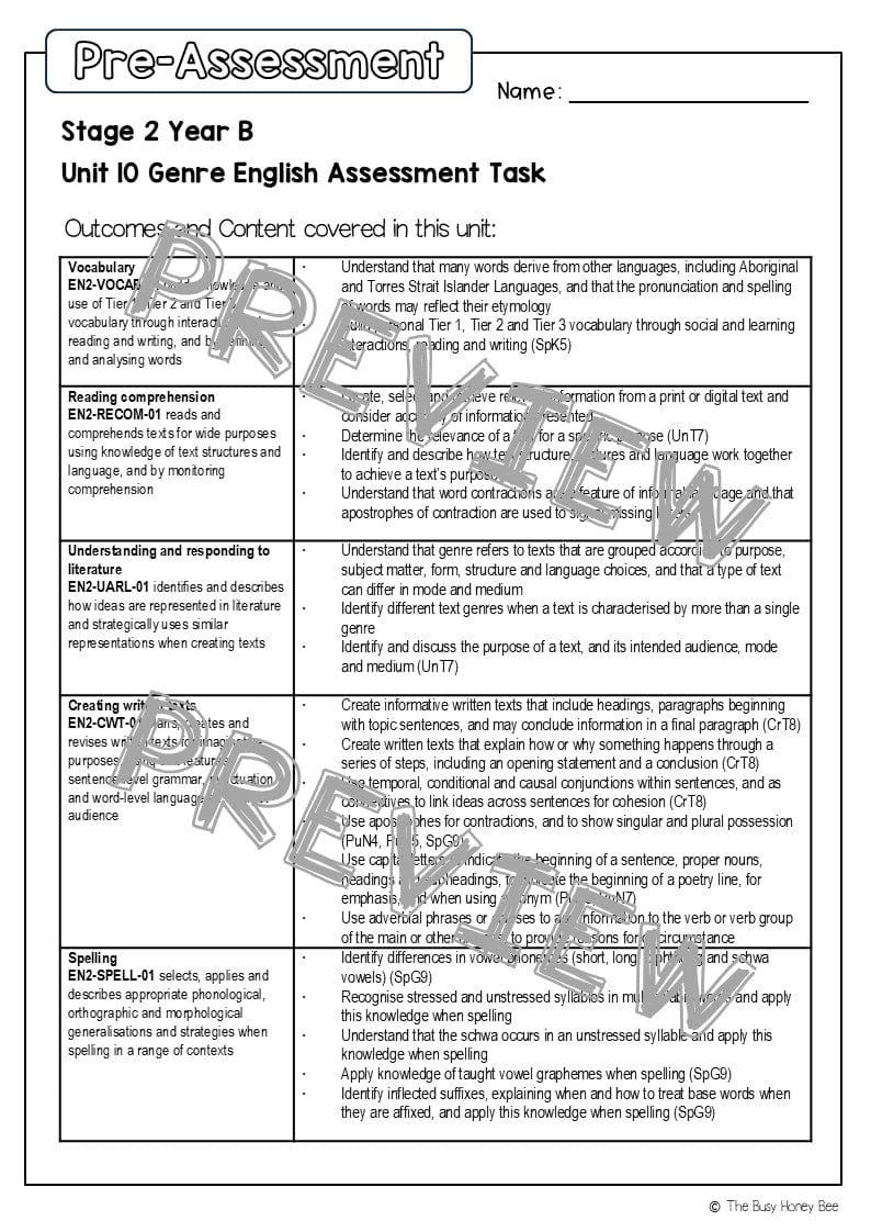 Stage 2 Year B English Pre- and Post-Assessment Unit 10 Genre - Assessment