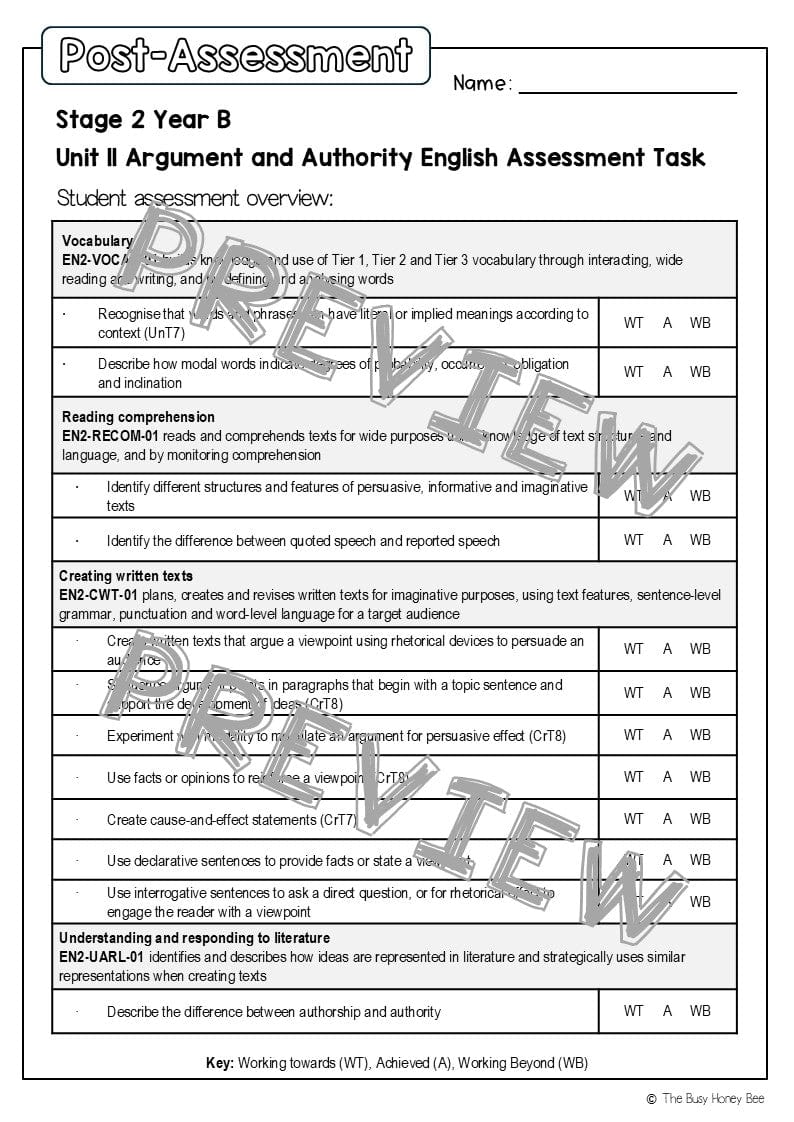 Stage 2 Year B English Pre- and Post-Assessment Unit 11 Argument and Authority - Assessment