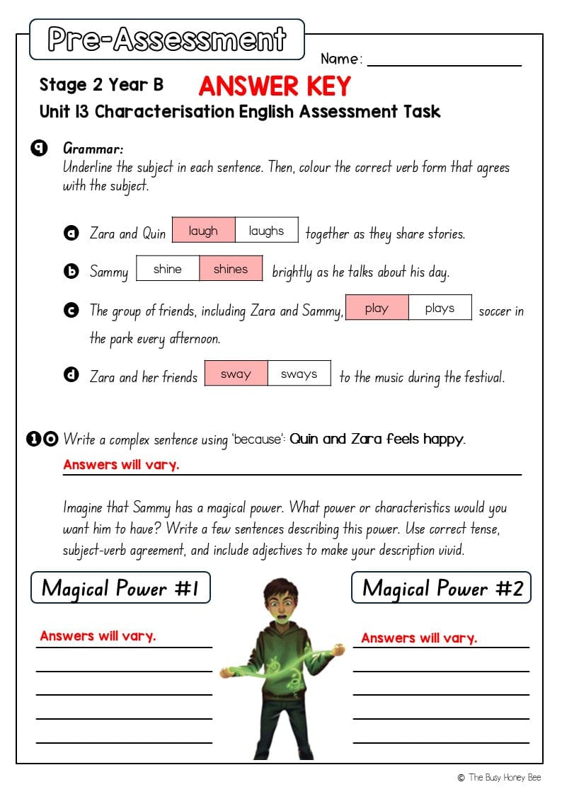 Stage 2 Year B English Pre- and Post-Assessment Unit 13 Characterisation - Assessment