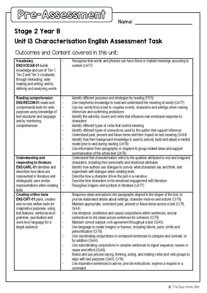 Stage 2 Year B English Pre- and Post-Assessment Unit 13 Characterisation - Assessment