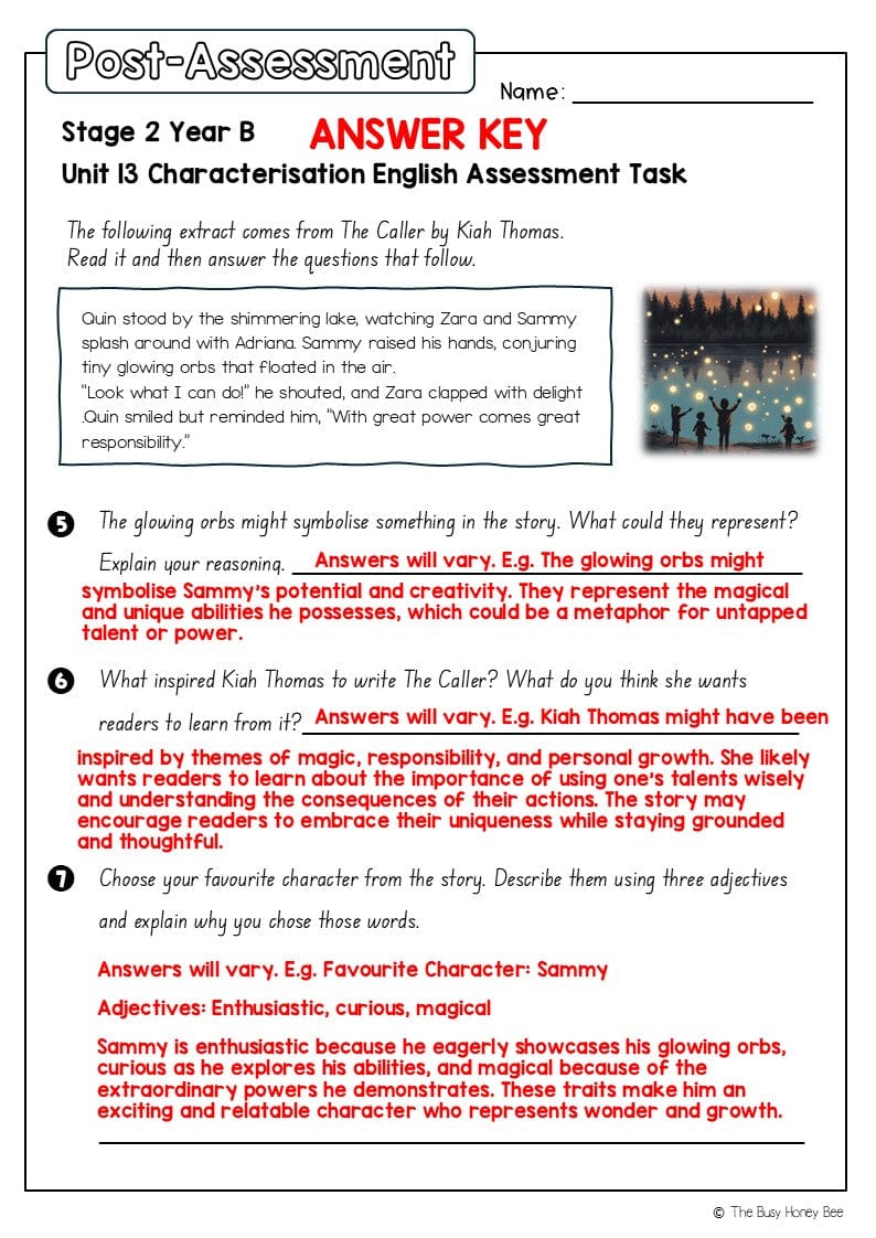 Stage 2 Year B English Pre- and Post-Assessment Unit 13 Characterisation - Assessment