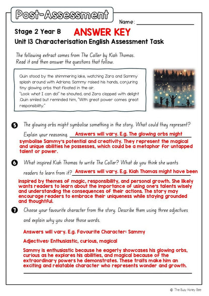 Stage 2 Year B English Pre- and Post-Assessment Unit 13 Characterisation - Assessment