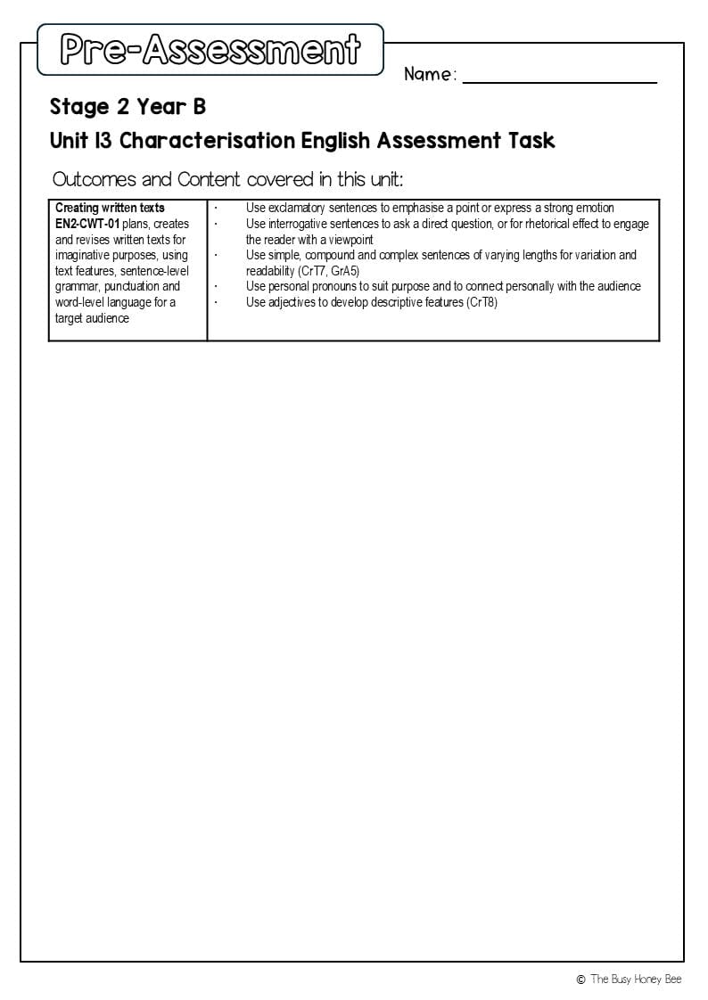 Stage 2 Year B English Pre- and Post-Assessment Unit 13 Characterisation - Assessment