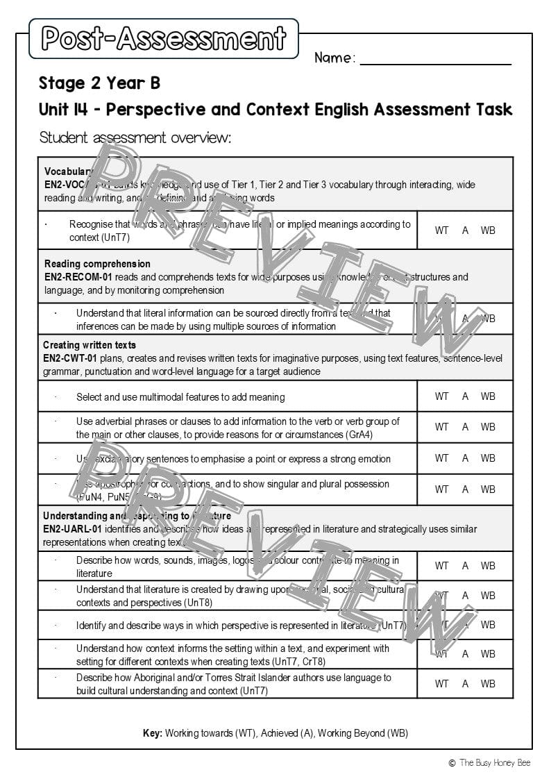 Stage 2 Year B English Pre- and Post-Assessment Unit 14 Perspective and Context - Assessment