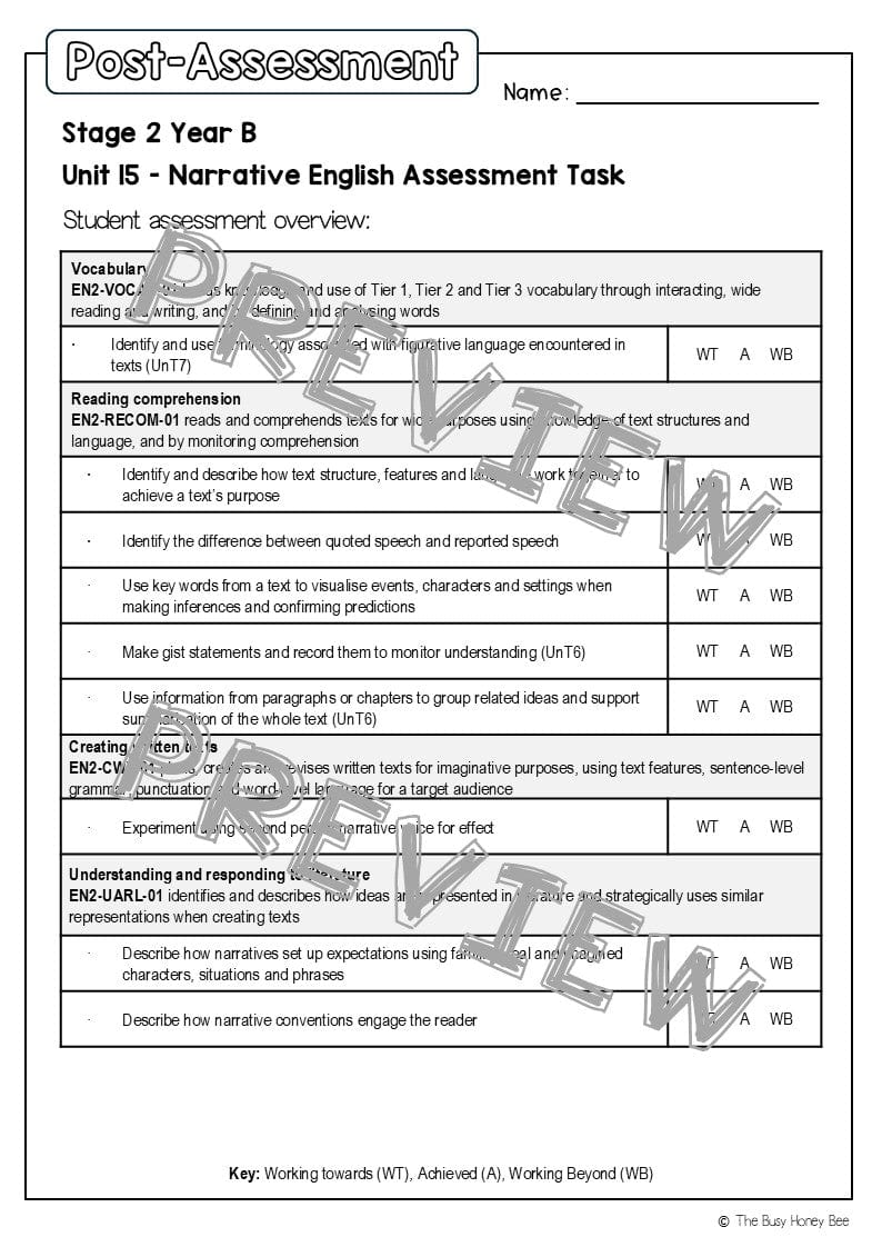 Stage 2 Year B English Pre- and Post-Assessment Unit 15 Narrative - Assessment