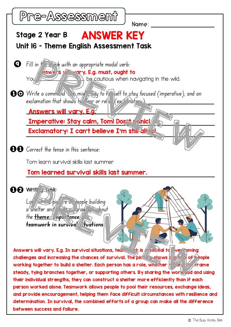 Stage 2 Year B English Pre- and Post-Assessment Unit 16 Theme - Assessment