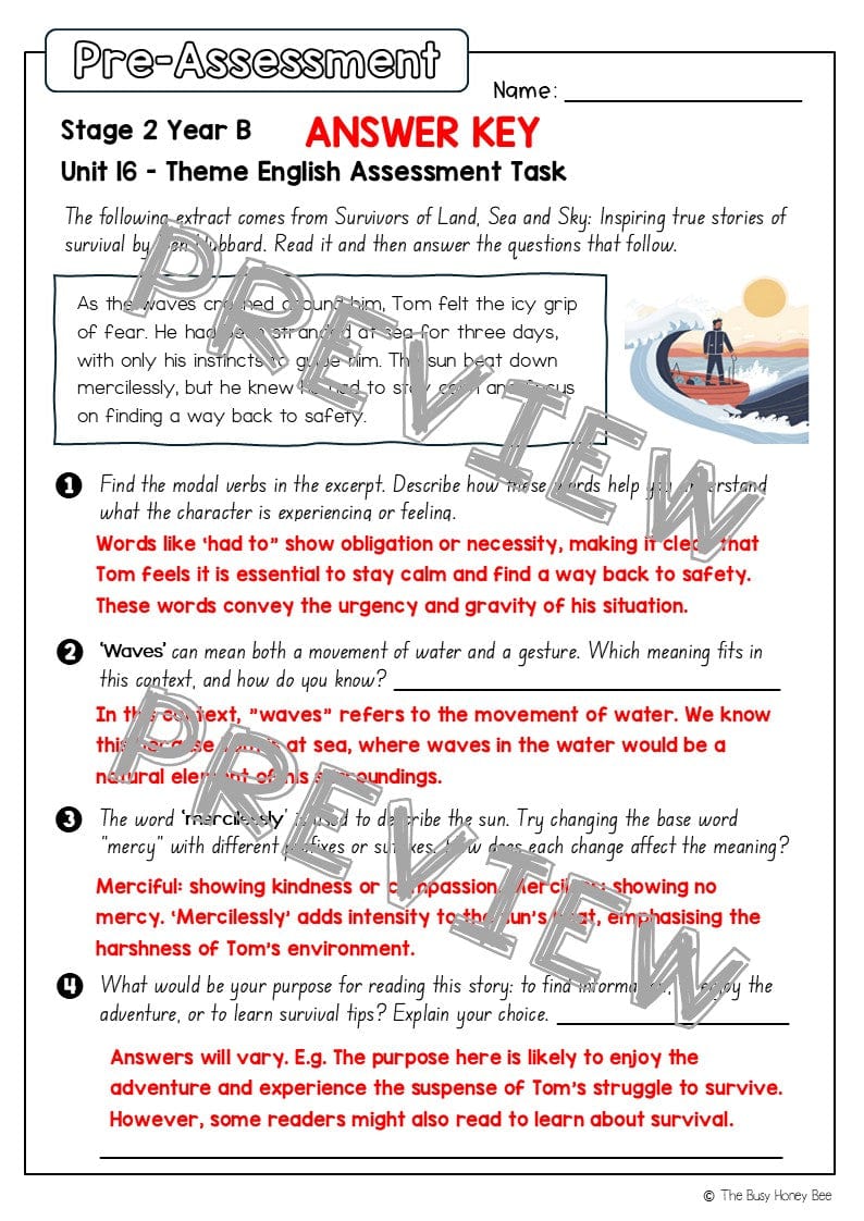 Stage 2 Year B English Pre- and Post-Assessment Unit 16 Theme - Assessment
