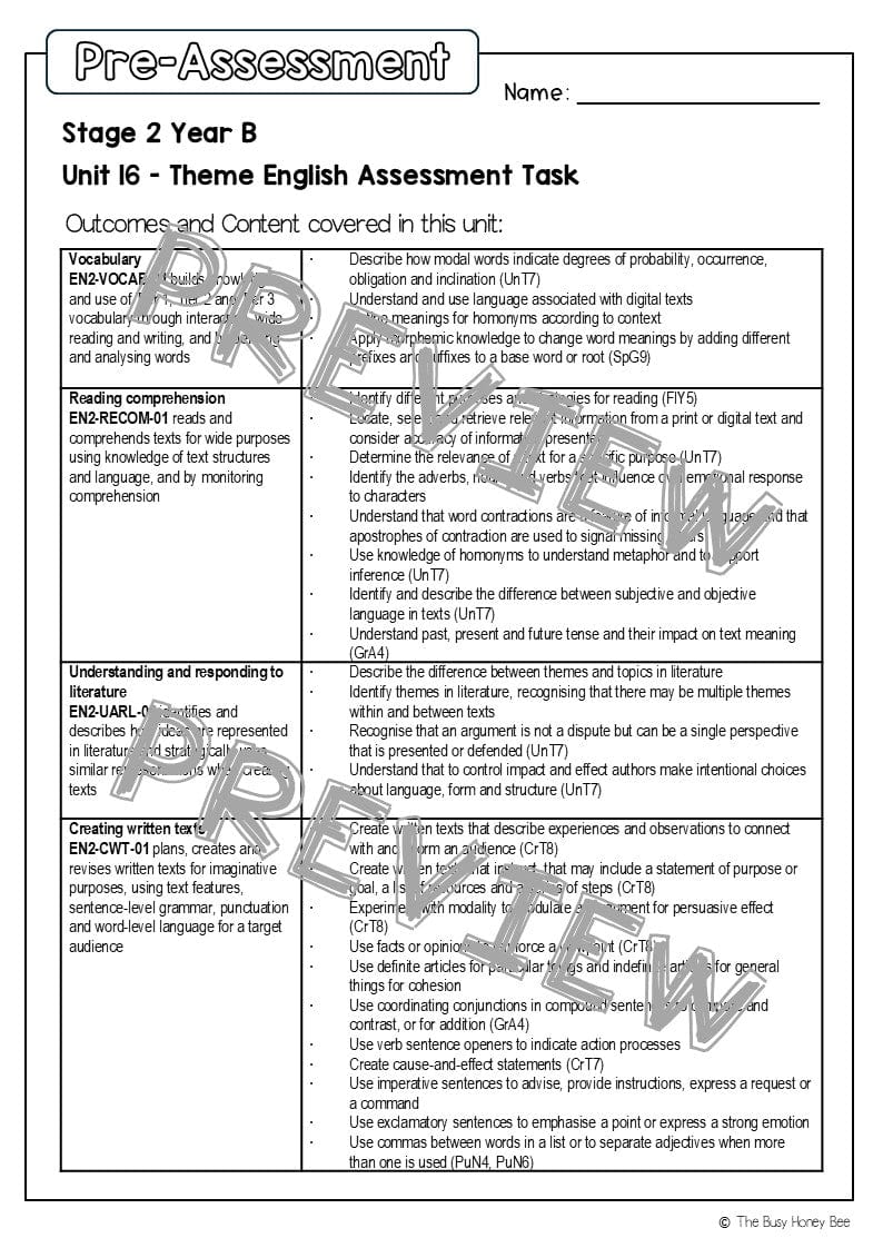 Stage 2 Year B English Pre- and Post-Assessment Unit 16 Theme - Assessment